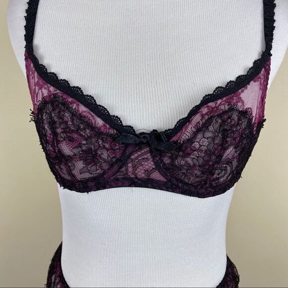 Agent Provocateur Purple Black Bra Garter Set 32B - Picture 2 of 8